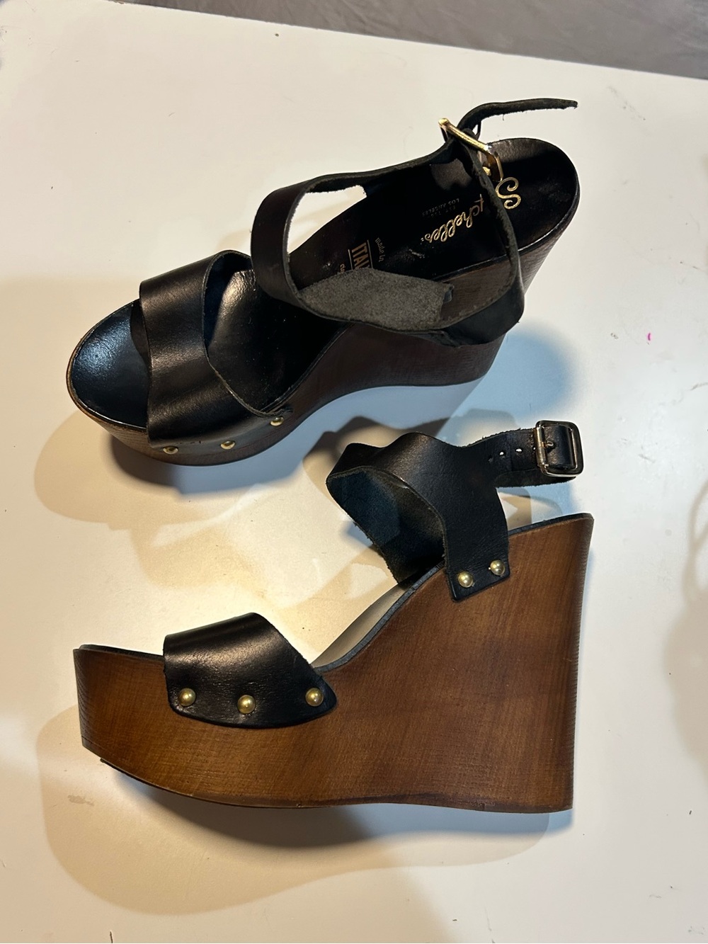Seychelles Black Leather Studded Wood Wedge Sandals